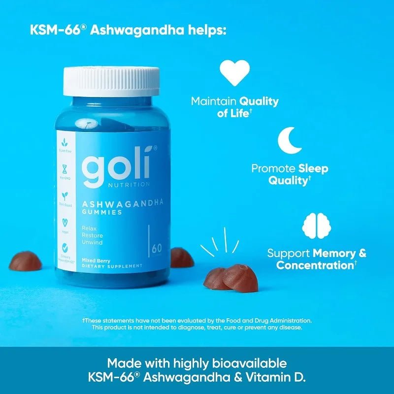 Goli Ashwagandha & Vitamin D Gummy - 60 Capsule - Mixed Berry, KSM - 66, Vegan, Plant Based, Non - GMO, Gluten - Free & Gelatin Free - FloraDigest Co.