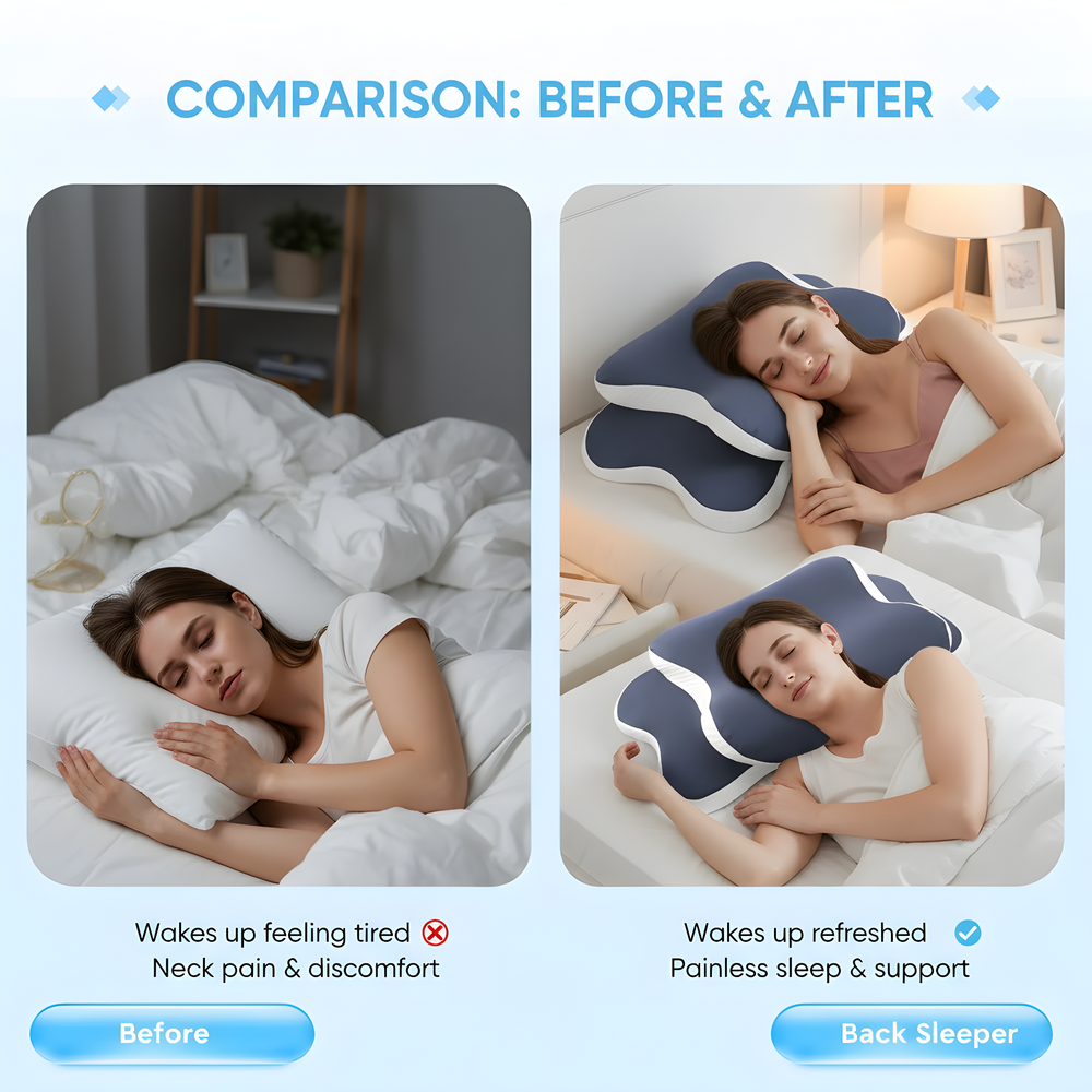 Comparison of a woman sleeping with a traditional pillow vs. a back sleeper pillow, highlighting comfort and relief.