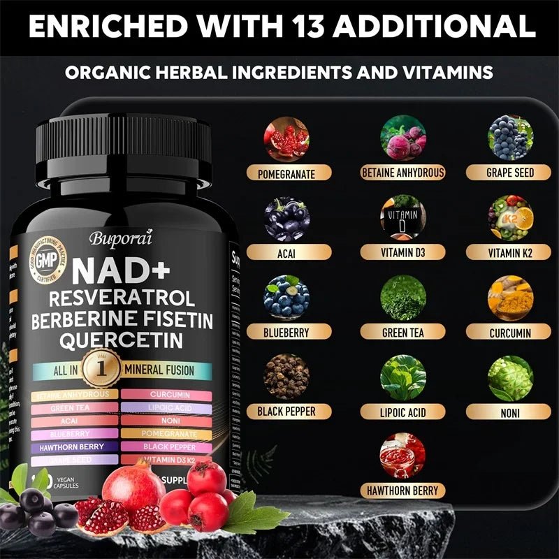 NAD+, Resveratrol, Quercetin, Berberine Fisetin - Cellular Health, Healthy Aging, Vitamin K2, Vitamin D3, One - stop Approach,1000mg - FloraDigest Co.