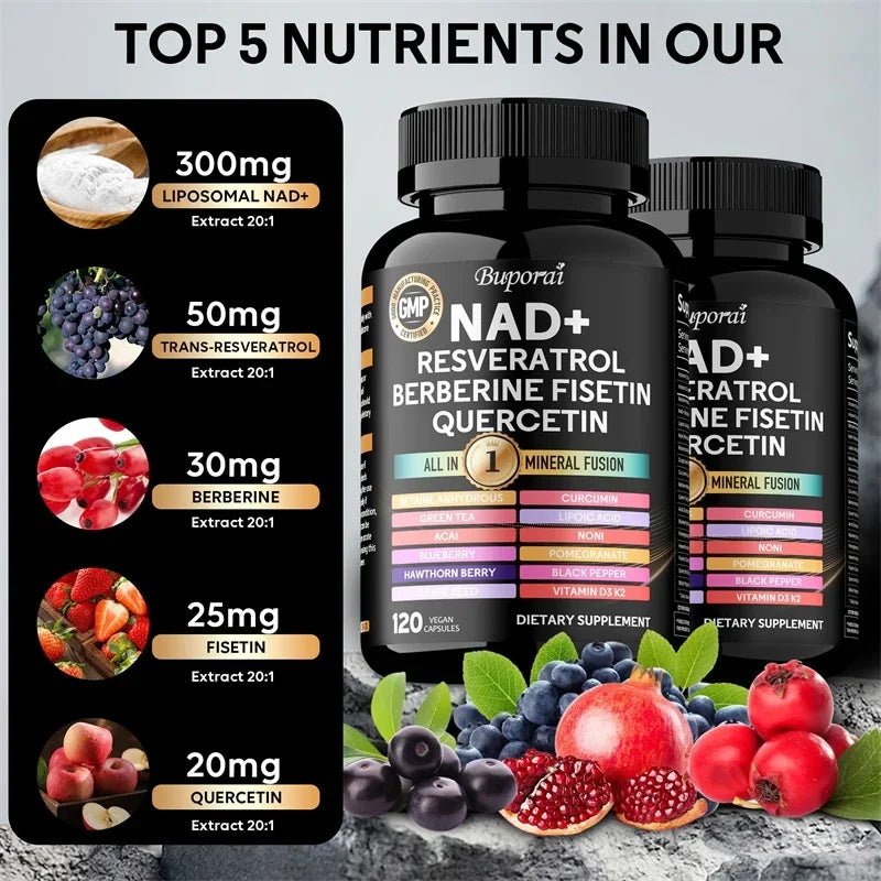 NAD+, Resveratrol, Quercetin, Berberine Fisetin - Cellular Health, Healthy Aging, Vitamin K2, Vitamin D3, One - stop Approach,1000mg - FloraDigest Co.