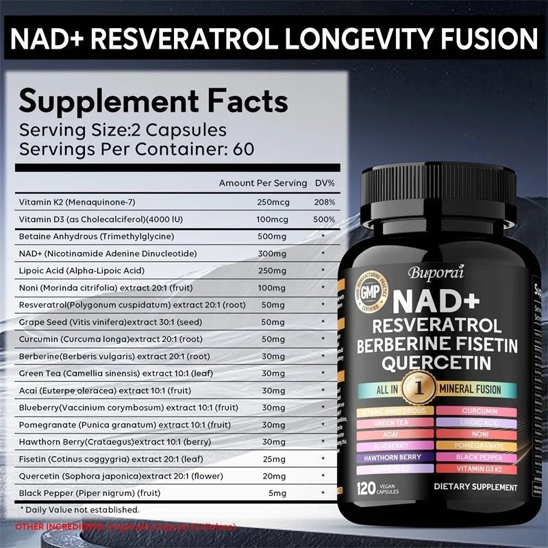 NAD+, Resveratrol, Quercetin, Berberine Fisetin - Cellular Health, Healthy Aging, Vitamin K2, Vitamin D3, One - stop Approach,1000mg - FloraDigest Co.