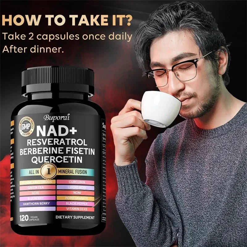 NAD+, Resveratrol, Quercetin, Berberine Fisetin - Cellular Health, Healthy Aging, Vitamin K2, Vitamin D3, One - stop Approach,1000mg - FloraDigest Co.