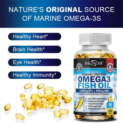 Omega - 3 Fish Oil Supplement - with EPA & DHA - Supports Heart and Brain Health Omega 3 Fatty Acids 120 Capsules - FloraDigest Co.